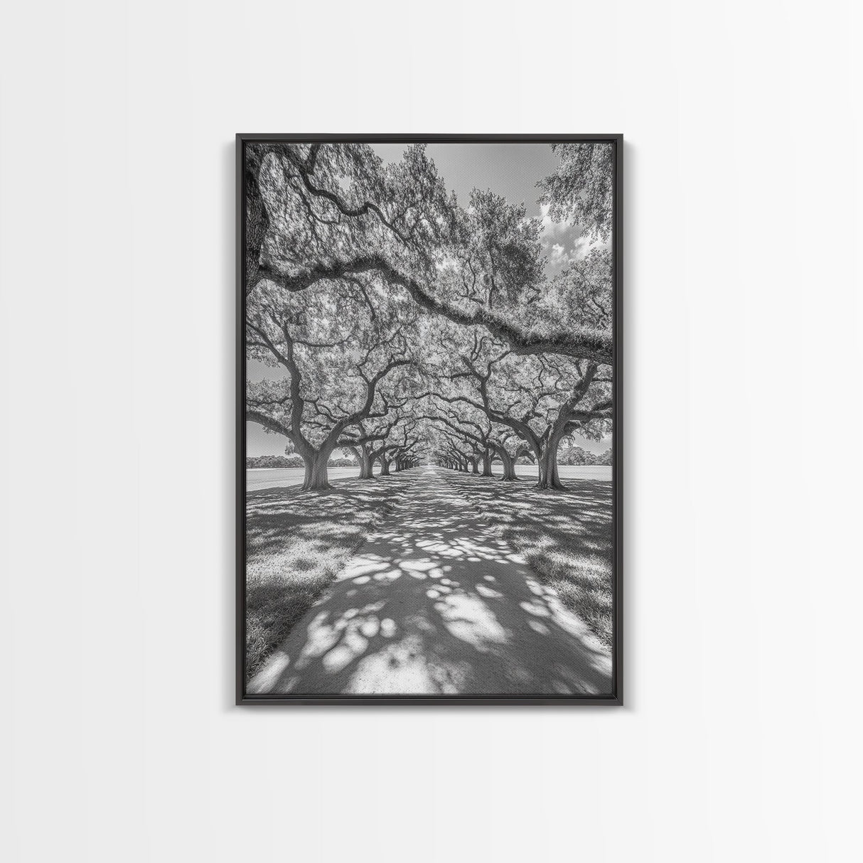 Oak Tree Tunnel, Southern Charm, Shaded Pathway, Timeless Trees Framed Canvas Print, farmhouse wall decor, hallway landscape art