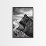 Mountain Peak, Coastal Horizon, Nature Majesty, Serene Edge Framed Canvas Print, modern landscape art, minimalist bedroom decor