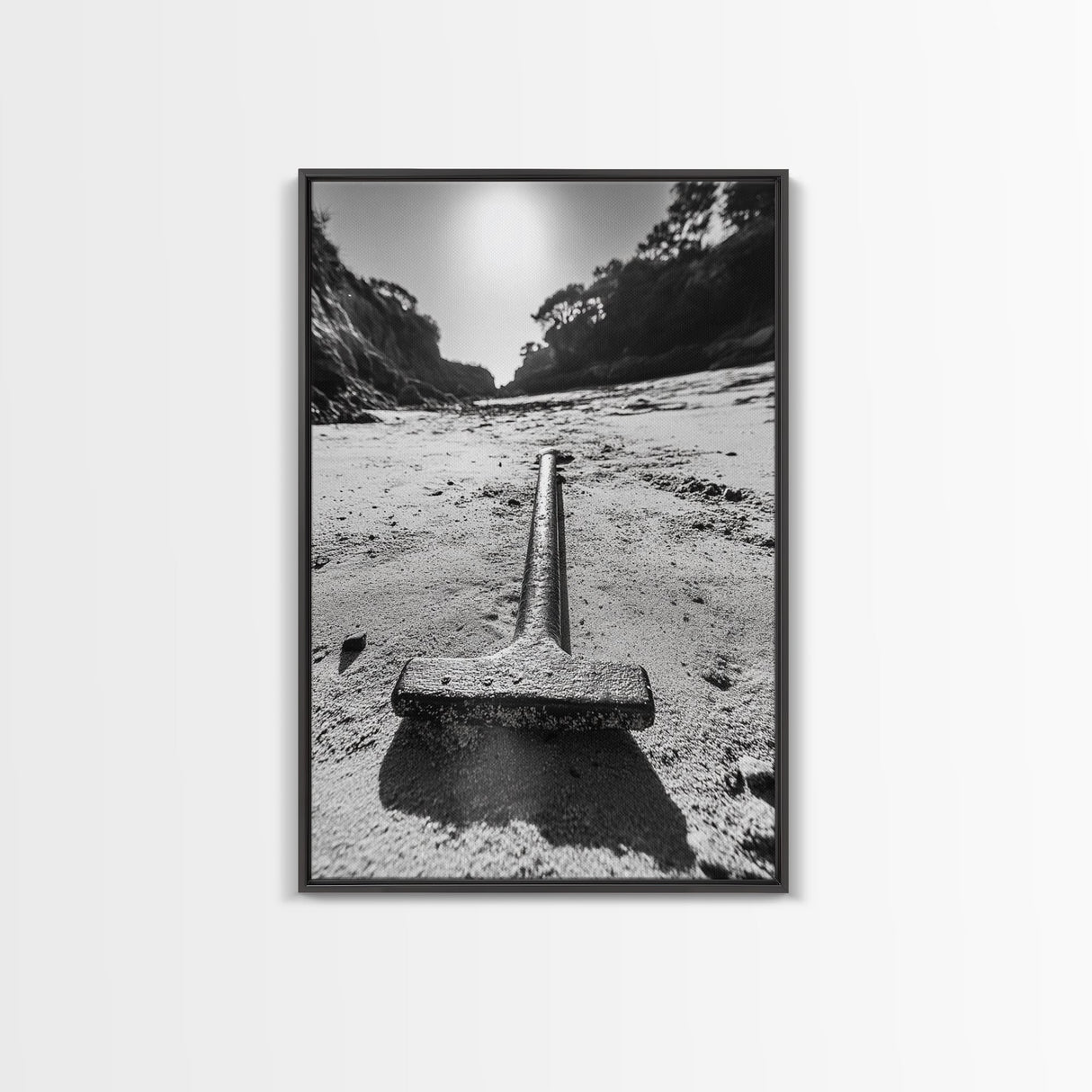 Industrial beach relic, iron hammer, rustic textures, minimalist black and white, Canvas Print, man cave art, coastal masculine decor
