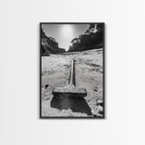 Industrial beach relic, iron hammer, rustic textures, minimalist black and white, Canvas Print, man cave art, coastal masculine decor