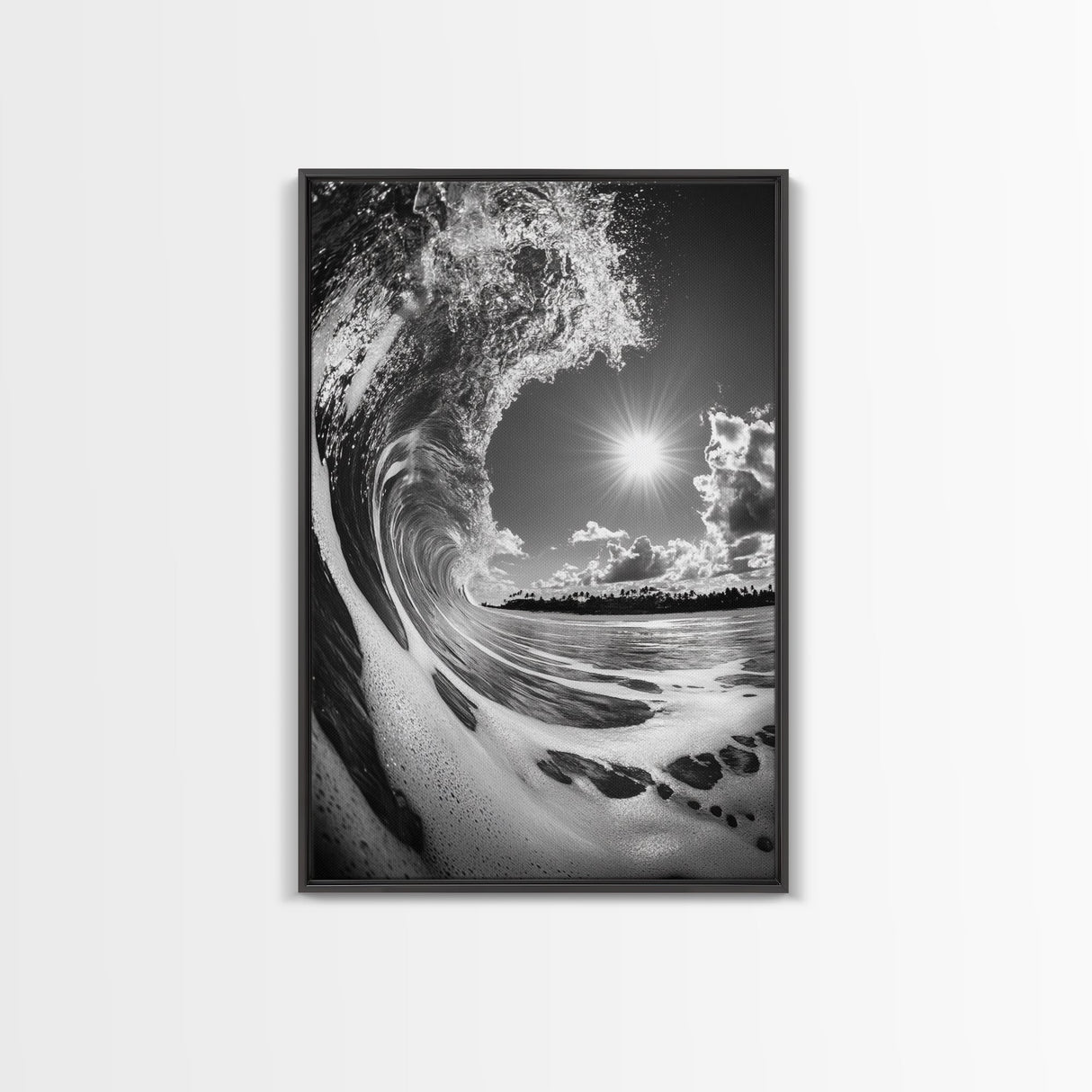 Wave Photography, Surfer Dream, Sea Curl Motion, Framed Canvas Print, Coastal Wall Art, Beach House Decor, Monochrome Ocean Style
