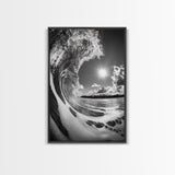 Wave Photography, Surfer Dream, Sea Curl Motion, Framed Canvas Print, Coastal Wall Art, Beach House Decor, Monochrome Ocean Style