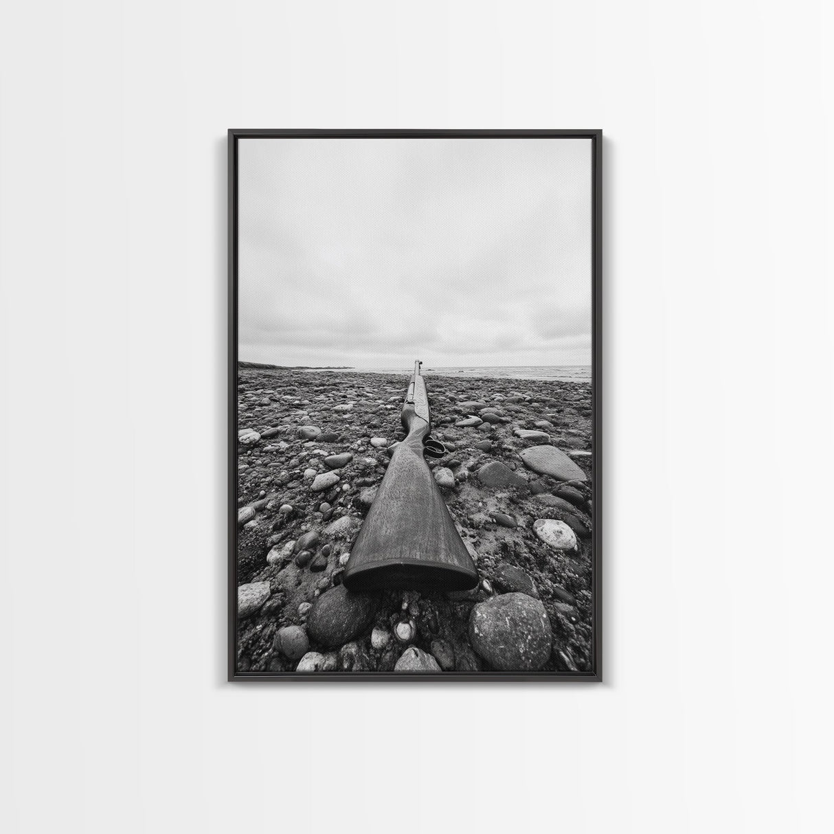 Rifle on Pebbles, Rustic Coastal, Survivalist Aesthetic, Canvas Print, Cabin Wall Art, Masculine Decor, Nature Minimalist Style