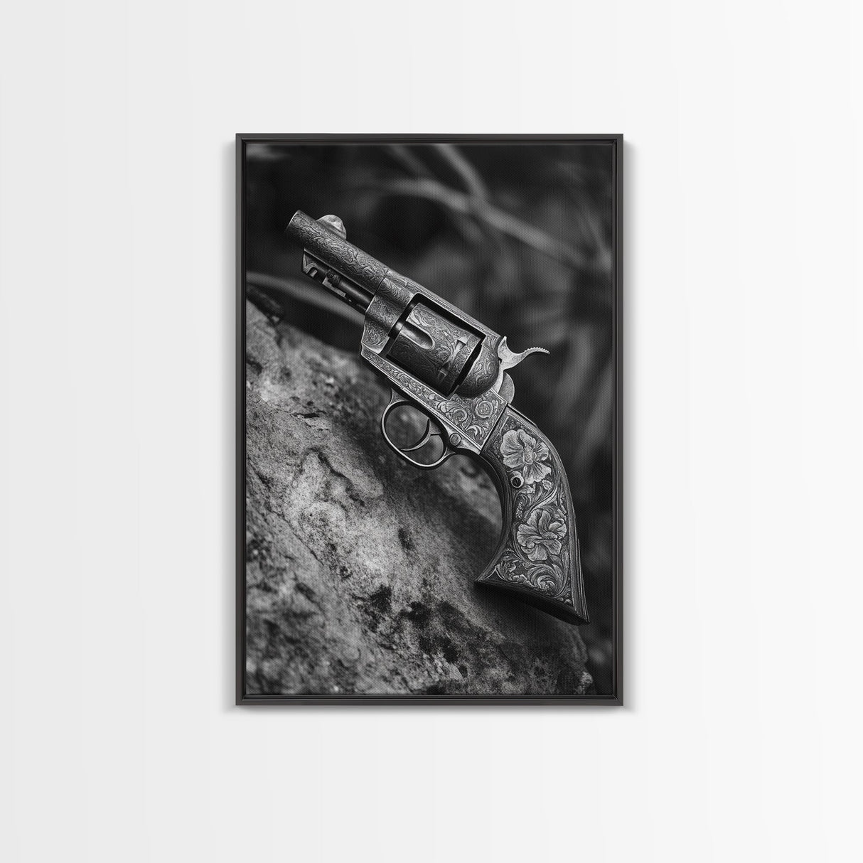 Floral Engraved Revolver, Vintage Western Gun, Cowboy Detail Shot, Canvas Print, Man Cave Art, Rustic Americana Wall Style