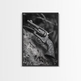 Floral Engraved Revolver, Vintage Western Gun, Cowboy Detail Shot, Canvas Print, Man Cave Art, Rustic Americana Wall Style