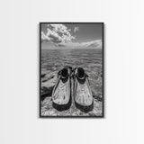 Ocean Fins, Coastal Escape, Underwater Adventure, Canvas Print, Beach Bathroom Wall Art, Nautical Photography, Black and White Decor
