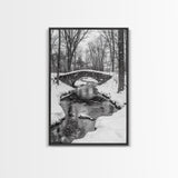 Stone Bridge, Winter Stream, Historic Pathway, Framed Canvas Print, Snowy Landscape Art, Traditional Living Room Wall Decor