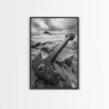 Ocean anchor scene, nautical coastal vibes, shipwreck inspiration, stormy sky, Framed Canvas Print, entryway art, maritime wall decor