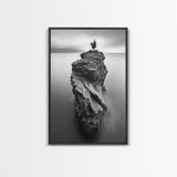 Solitary Cliff Tree, Calm Waters, Moody Horizon, Framed Canvas Print, Minimalist Nature Wall Art, Office Wall Decor, Zen Art
