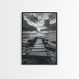 Ocean Pier Sunset, Dramatic Clouds, Seascape Pathway, Canvas Print, Coastal Living Room Art, Tranquil Decor, Minimalist Style