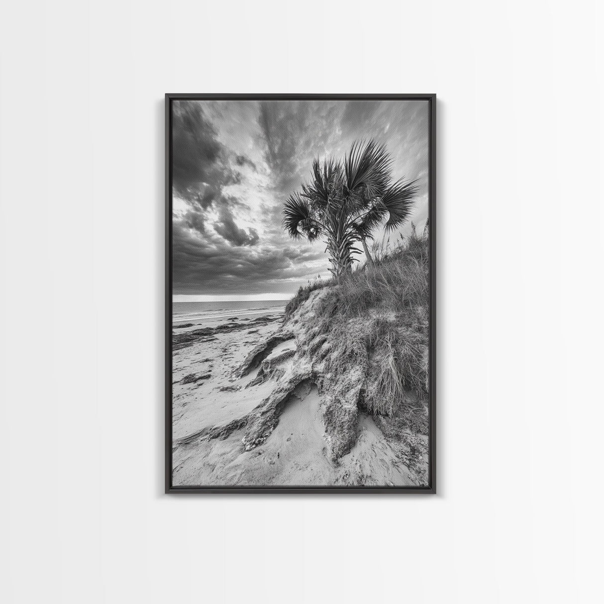 Palm Tree Beach, Coastal Dunes, Dramatic Sky, Framed Canvas Print, Tropical Wall Art, Boho Living Room Decor, Beach House Art