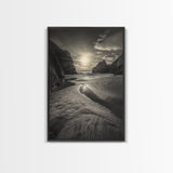 Secluded Beach, Sunset Glow, Reflected Light, Framed Canvas Print, Tranquil Ocean Wall Art, Modern Bedroom Decor, Zen Vibes