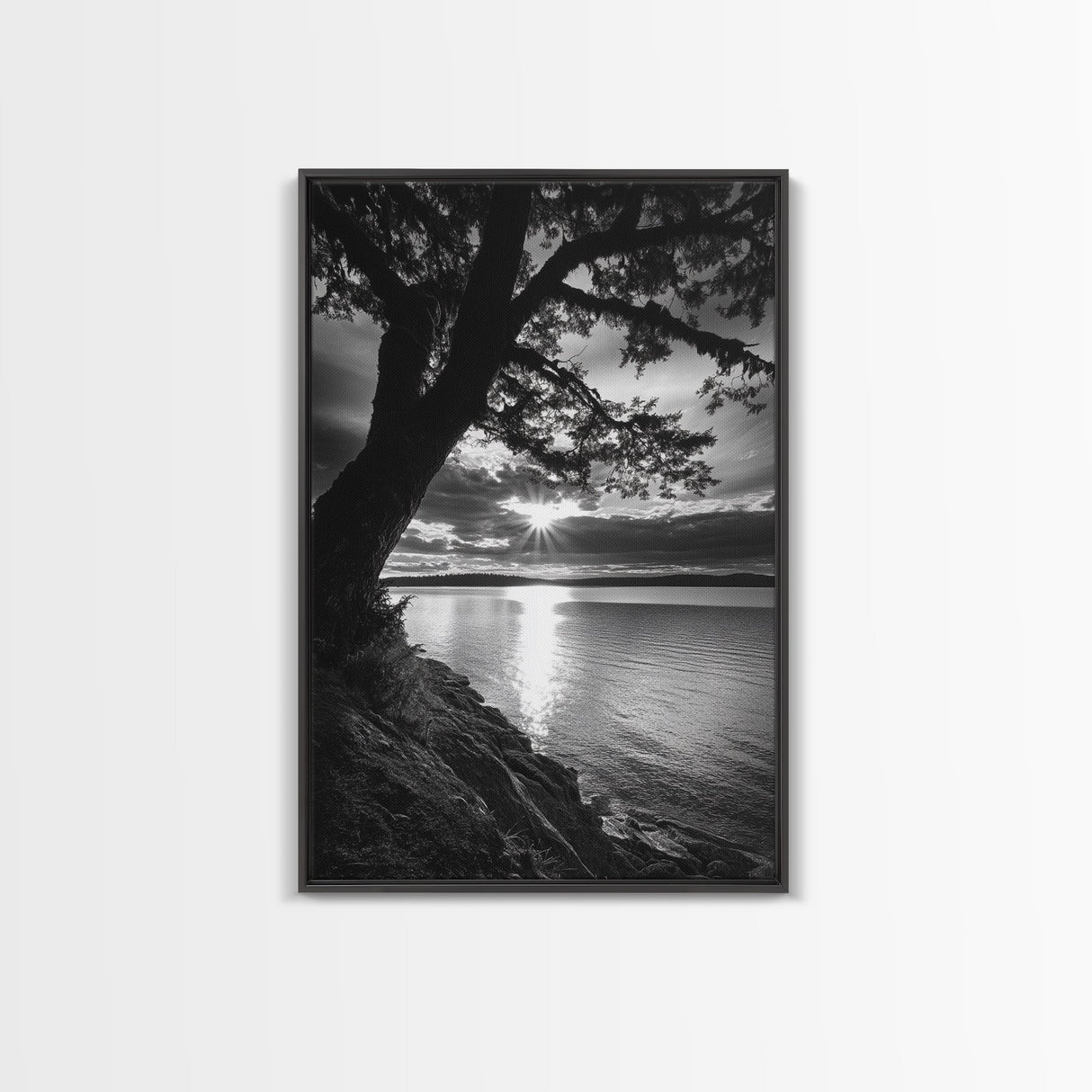 Tranquil Lake Sunset, Tree Silhouette, Calm Waters, Canvas Print, Nature Inspired Wall Art, Relaxing Bedroom Decor, Minimalist Zen