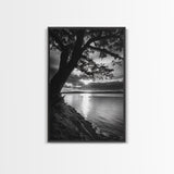 Tranquil Lake Sunset, Tree Silhouette, Calm Waters, Canvas Print, Nature Inspired Wall Art, Relaxing Bedroom Decor, Minimalist Zen