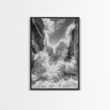 Ocean Splash, Cliff Waves, Nature Power, Dramatic Seascape, Framed Canvas Print, Living Room Statement, Black and White Wall Art