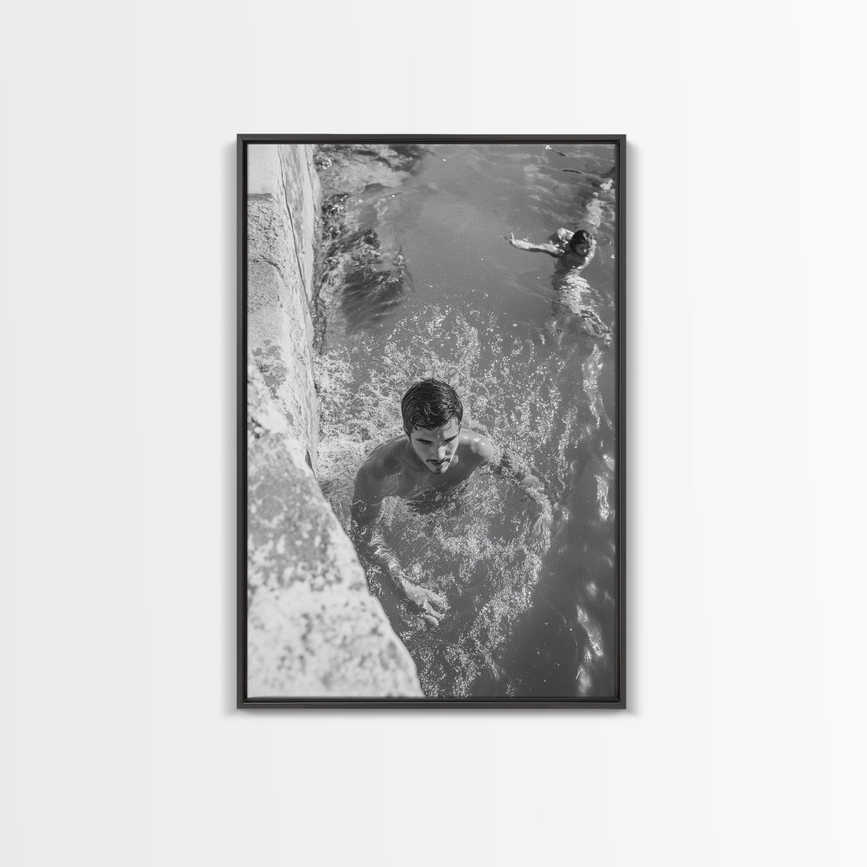 Swimmers, Summer Water, Beach Moment, Candid Photography, Framed Canvas Print, Bathroom Wall Art, Youthful Energetic Decor