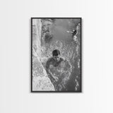 Swimmers, Summer Water, Beach Moment, Candid Photography, Framed Canvas Print, Bathroom Wall Art, Youthful Energetic Decor