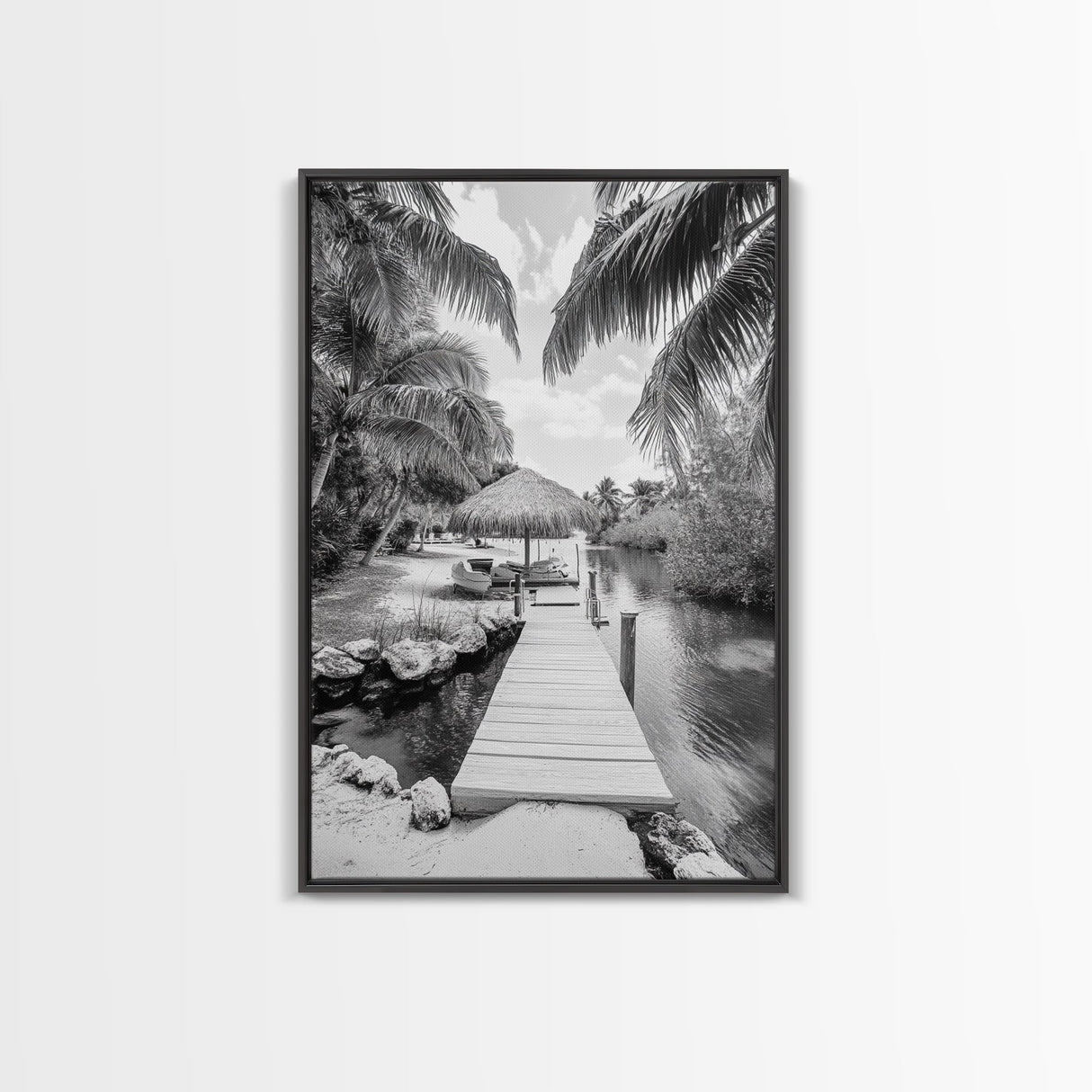 Tropical Dock, Island Escape, Palm Tree Beach, Secluded Lagoon, Canvas Print, Coastal Kitchen Art, Boho Tropical Wall Decor
