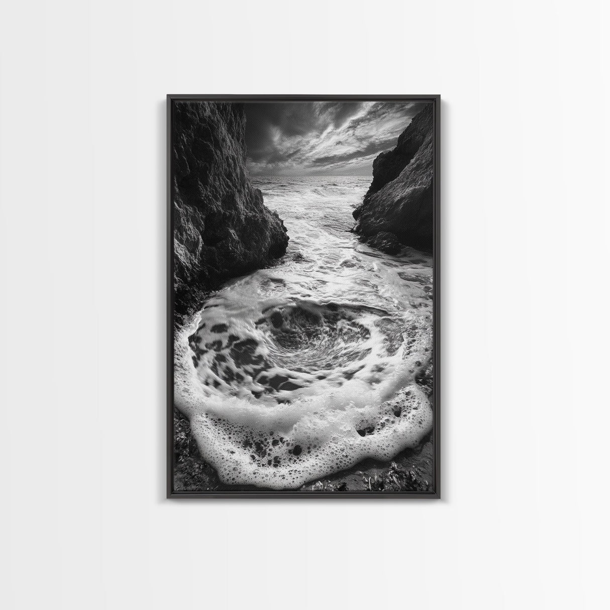 Sea Whirlpool, Dramatic Ocean, Coastal Rocks, Nature Motion, Framed Canvas Print, Bathroom Art, Modern Seaside Wall Decor