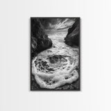 Sea Whirlpool, Dramatic Ocean, Coastal Rocks, Nature Motion, Framed Canvas Print, Bathroom Art, Modern Seaside Wall Decor