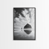 Iconic sea stack, Oregon coast art, tranquil reflections, dramatic clouds, Canvas Print, bedroom wall art, modern coastal minimalist decor
