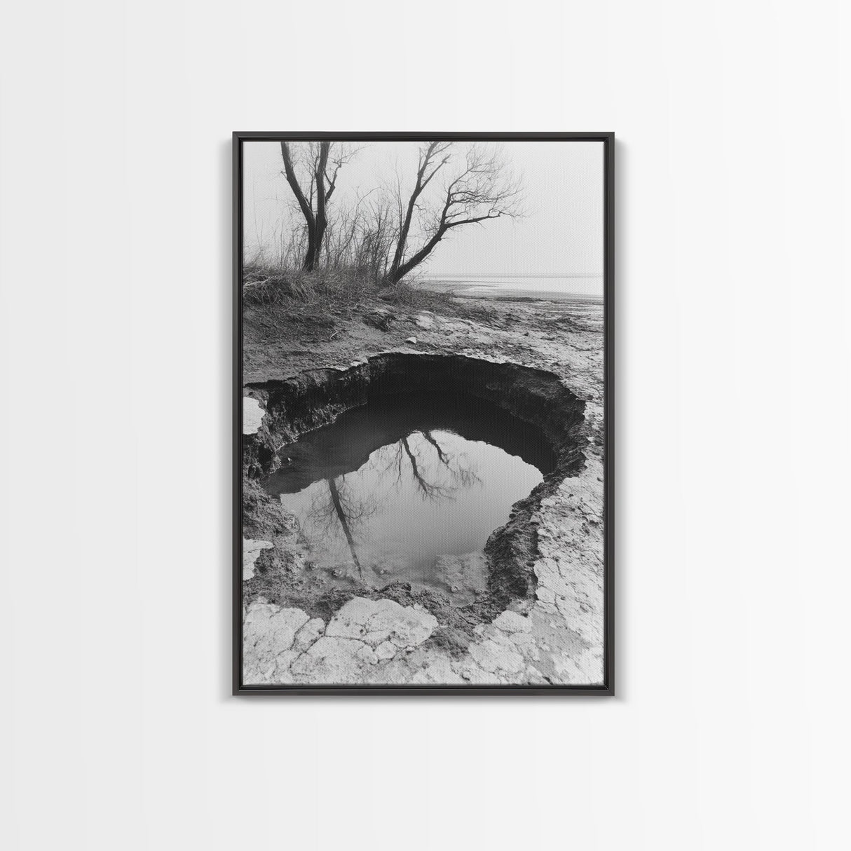 Reflected Trees Pool, Black White Nature, Moody Autumn Wall Art, Rustic Minimalist Style, Framed Canvas Print, Entryway Home Decor