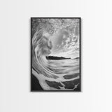 Ocean Wave Tunnel, Surfer's Eye View, Coastal Landscape, Bathroom Wall Art, Adventure Vibes, Framed Canvas Print, Black White Photography