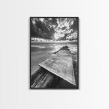 Map On Beach, Travel Adventure Art, Wanderlust Decor, Coastal Office Style, Framed Canvas Print, Explorer Aesthetic, Black White Scene