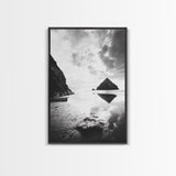 Remote beach reflection, lone hiker wanderlust, coastal rockscape, black white dreamscape, Framed Canvas Print, living room moody decor