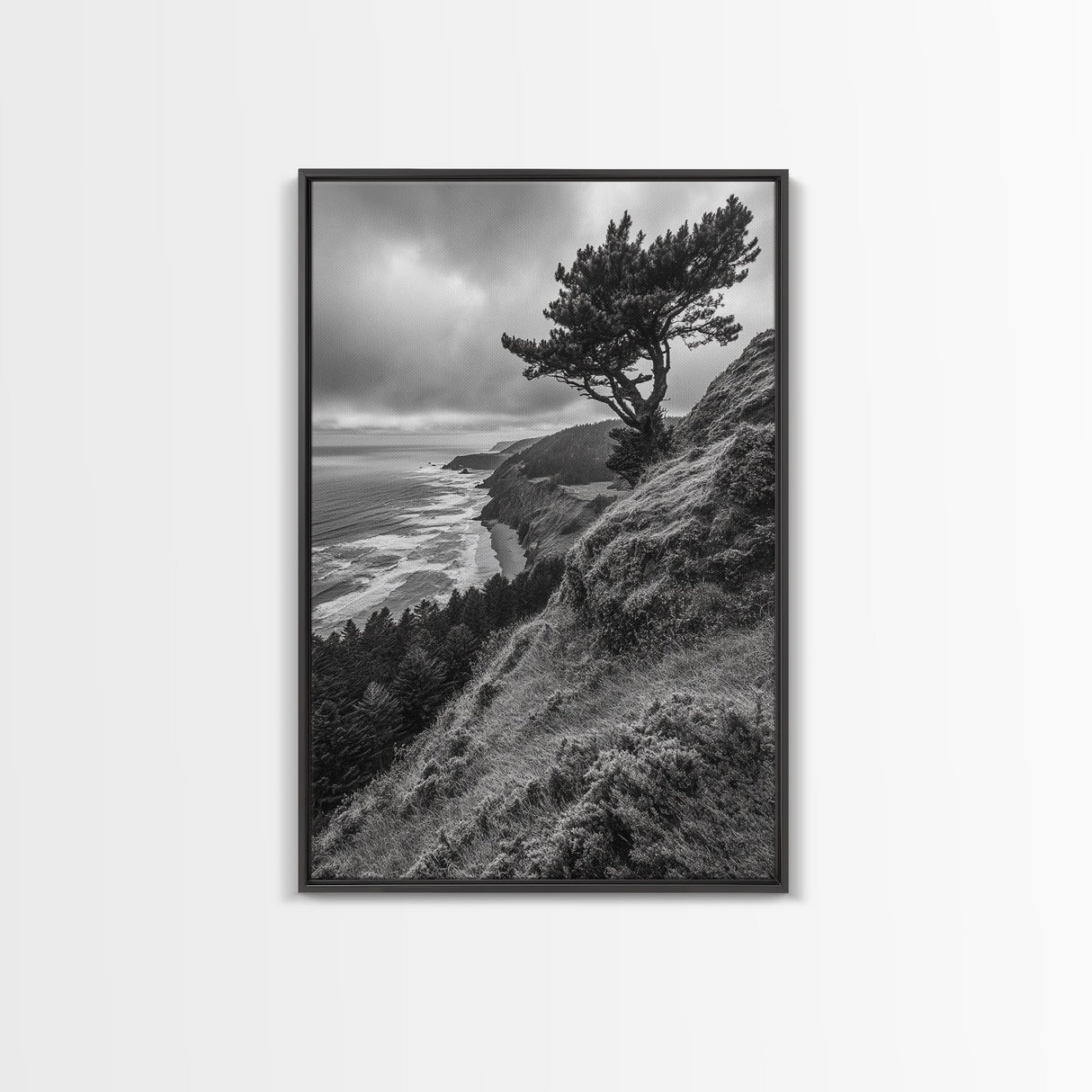 Lone Tree, Ocean Bluff, Windy Coastline, Canvas Print, Coastal Landscape Wall Art, Moody Nature Decor, Minimalist Vibe, Coastal Wall Art