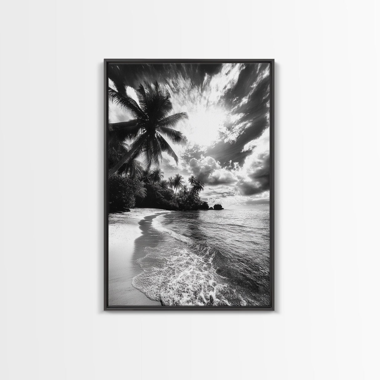 Tropical Sunset Beach, Palms and Waves, Cloudy Skies, Island Vibes, Framed Canvas Print, Coastal Wall Art, Beach House Decor
