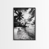 Tropical Sunset Beach, Palms and Waves, Cloudy Skies, Island Vibes, Framed Canvas Print, Coastal Wall Art, Beach House Decor