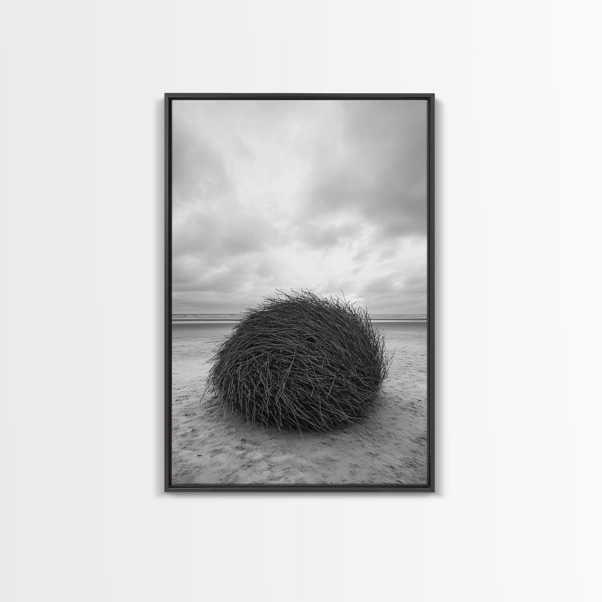 Windswept Beach Nest, Natural Sculpture, Driftwood Ball, Solitude Scene, Canvas Print, Minimalist Wall Art, Neutral Bedroom Decor