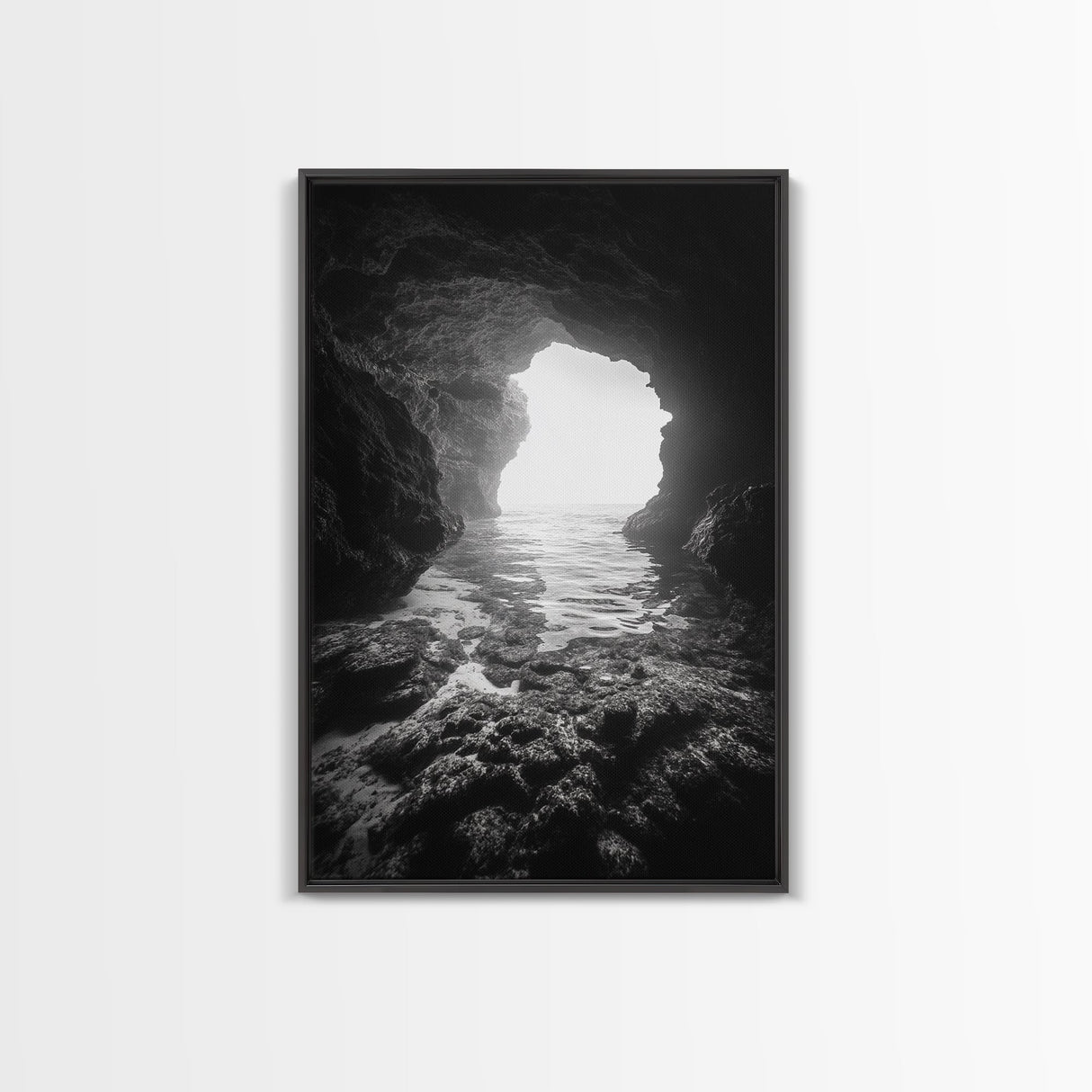 Sea Cave Entrance, Ocean Grotto, Light Escape, Rocky Tide, Canvas Print, Bathroom Wall Art, Black and White Seascape Photo