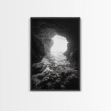 Sea Cave Entrance, Ocean Grotto, Light Escape, Rocky Tide, Canvas Print, Bathroom Wall Art, Black and White Seascape Photo