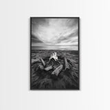 Coastal campfire glow, serene seaside bonfire, sunset flames, sandy warmth, Framed Canvas Print, Fall decor, cozy cabin wall art