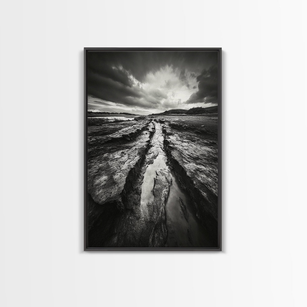 Muddy Terrain, Dramatic Sky, Natural Earth Art, Framed Canvas Print, Fall Decor, Landscape Photography, Moody Living Room Art