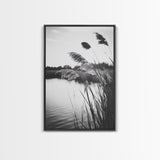 Reed Grass, Gentle Breeze, Black and White Nature, Canvas Print, Minimalist Wall Art, Tranquil Lake Scene, Bedroom Decor