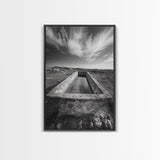 Stone Water Trough, Wild Horizon, Rustic Scene, Framed Canvas Print, Country Farm Decor, Outdoor Living Art, Neutral Wall Accent