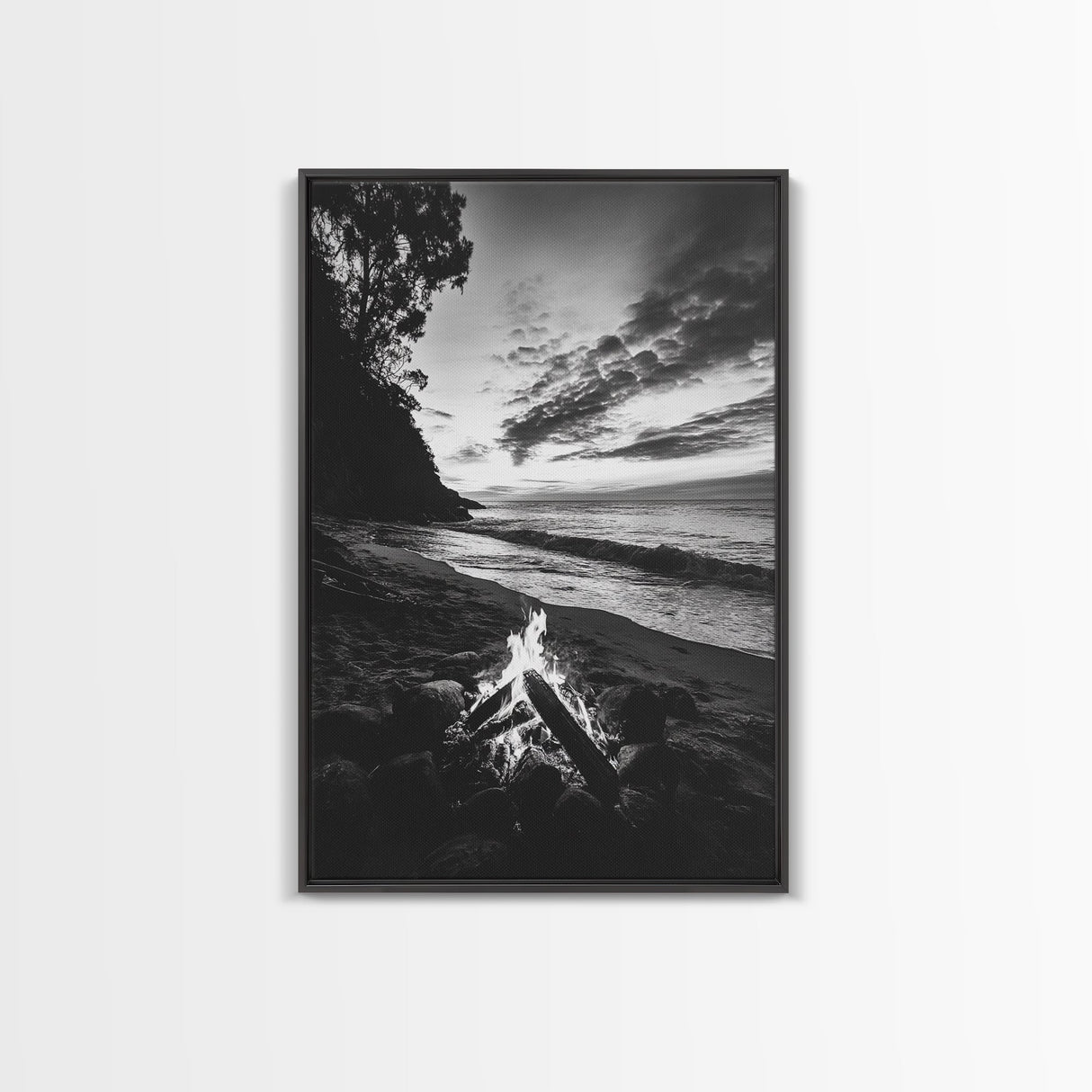 Shoreline fire night, beach flames, evening waves, rustic warmth, Canvas Print, Autumn decor, outdoor adventure minimalist wall art