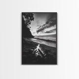 Shoreline fire night, beach flames, evening waves, rustic warmth, Canvas Print, Autumn decor, outdoor adventure minimalist wall art