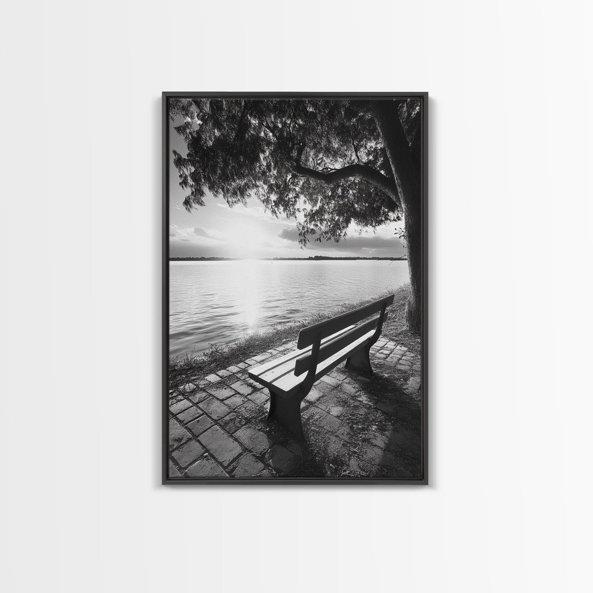 Peaceful Lake Bench, Tranquil Sunrise, Tree Shade View, Nature Serenity, Framed Canvas Print, Minimalist Art, Bedroom Wall Decor