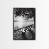 Peaceful Lake Bench, Tranquil Sunrise, Tree Shade View, Nature Serenity, Framed Canvas Print, Minimalist Art, Bedroom Wall Decor