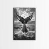 Whale Tail Splash, Ocean Sunset, Marine Majesty, Powerful Moment, Framed Canvas Print, Nautical Art, Coastal Living Room Decor