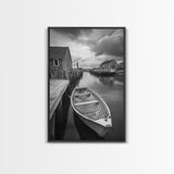 Docked Rowboat Scene, Calm Harbor, Coastal Village, Still Waters, Framed Canvas Print, Seaside Art, Beach House Wall Decor