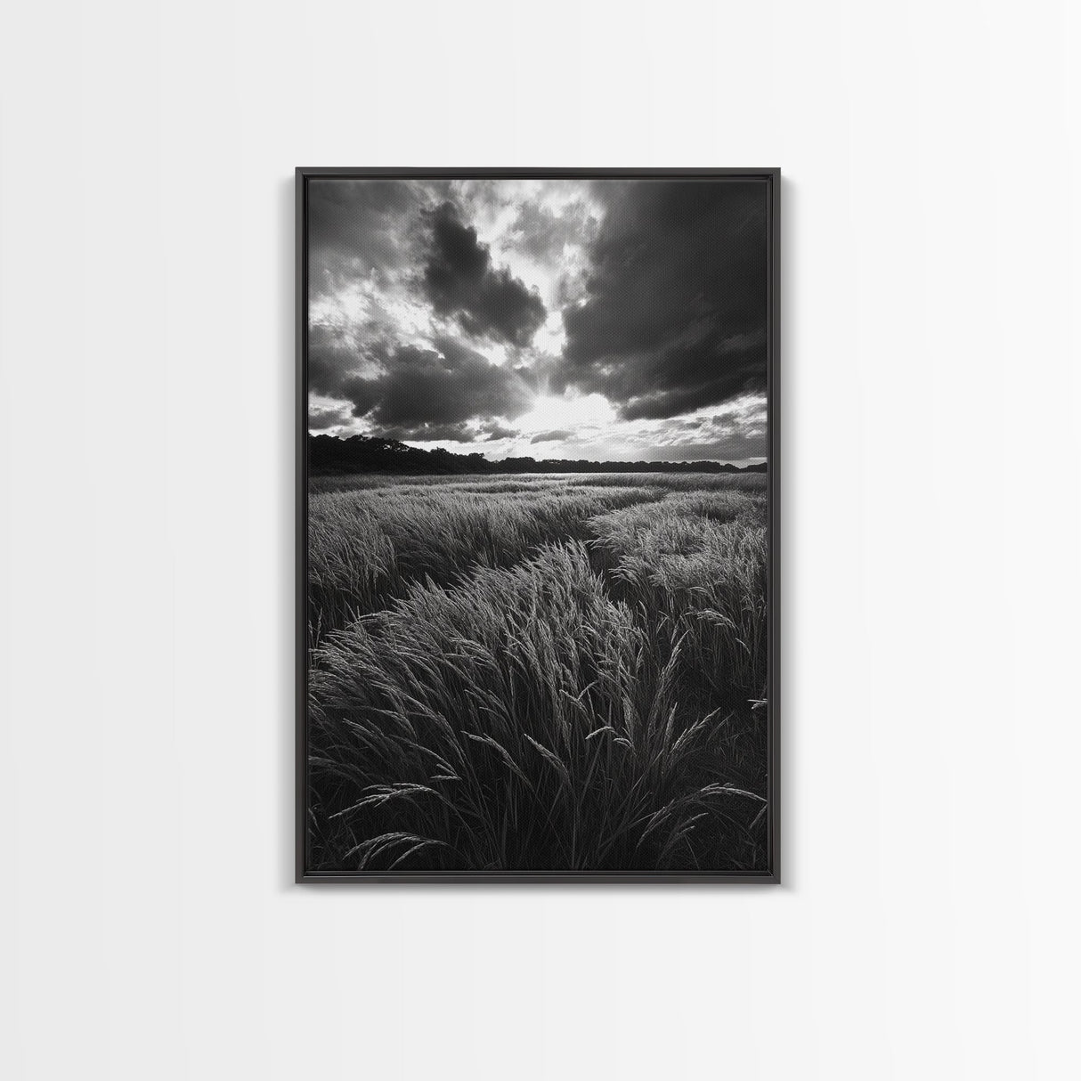 Golden Grass Field, Dramatic Sunset, Autumn Skies, Nature Movement, Framed Canvas Print, Fall Landscape Art, Living Room Decor