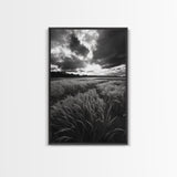 Golden Grass Field, Dramatic Sunset, Autumn Skies, Nature Movement, Framed Canvas Print, Fall Landscape Art, Living Room Decor