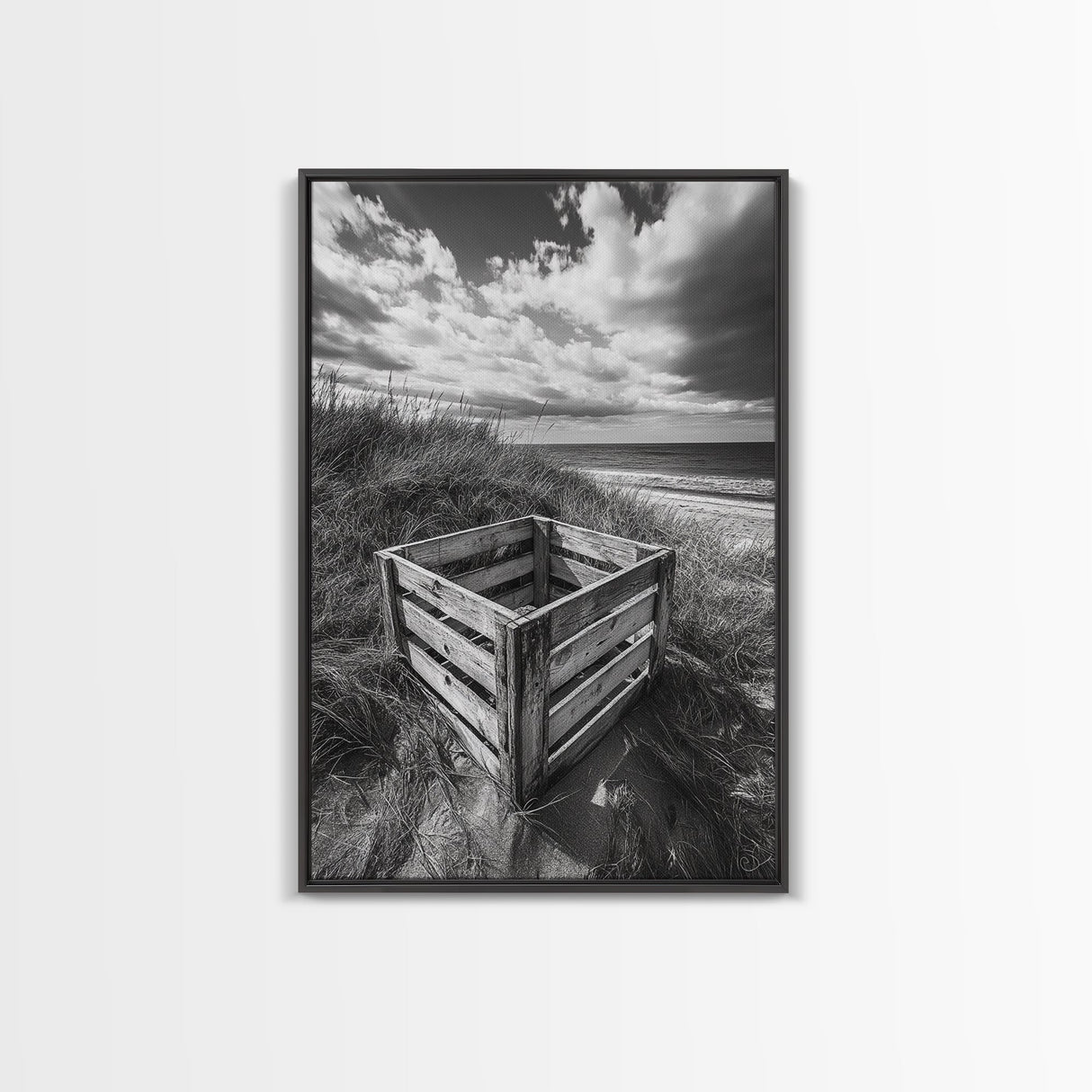Weathered Crate, Ocean Dunes, Coastal Photography, Canvas Print, Beach House Wall Art, Minimalist Rustic Decor, Bathroom Wall Art