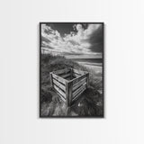 Weathered Crate, Ocean Dunes, Coastal Photography, Canvas Print, Beach House Wall Art, Minimalist Rustic Decor, Bathroom Wall Art