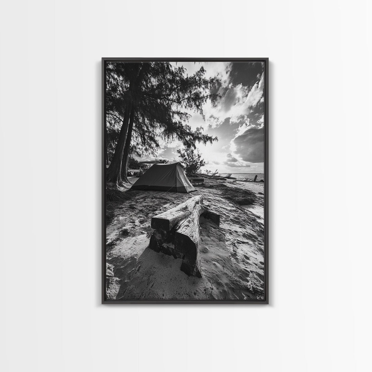 Tent, Beach, Sunset, Trees - Rustic camping coastal escape vibe, Framed Canvas Print, ideal bedroom or adventure nursery decor, outdoor art